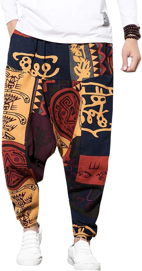 Pejihota Mens Loose Hip-Hop Harem Pantalones Lino Bohemio Aladdin Yoga